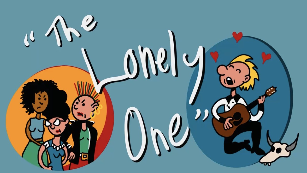 A cartoon rockabilly guys sings a love song while three women glare at him.